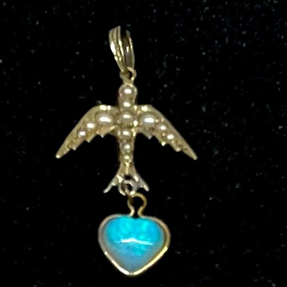 Estate 14K Seed Pearl and Opal Heart Bird Charm - Picture 1 of 6